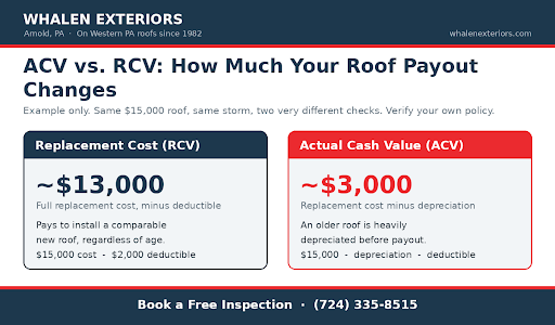 ACV vs. RCV roof insurance payout example showing depreciation on an older roof