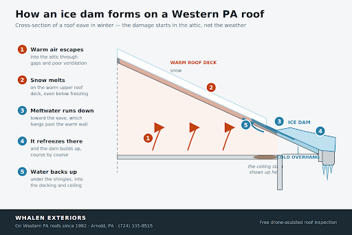 Cross-section diagram of an ice dam forming at a roof eave, with meltwater backing up under the shingles into the attic.