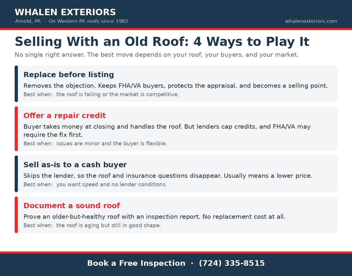 Four options for selling a house with an old roof: replace, credit, sell as-is, or document